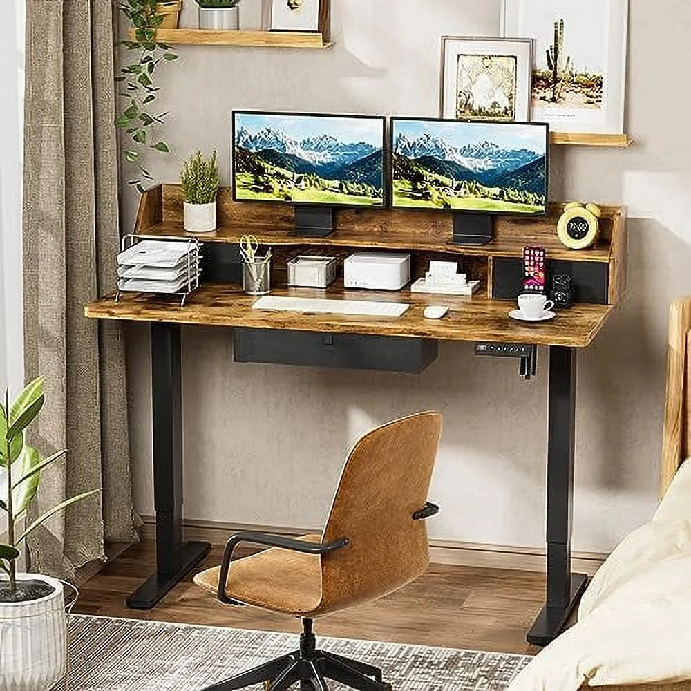 Electric Standing Desk with Triple Drawers 55 x 24 Inch Rustic Brown Z4676