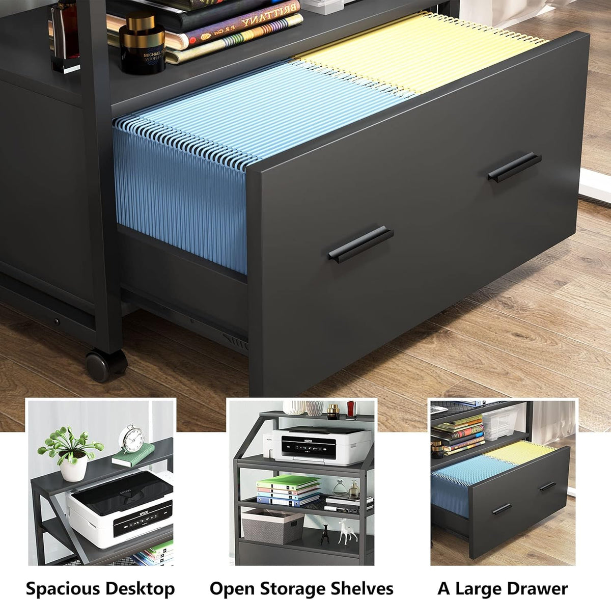 Wood Mobile Filing Cabinet with Storage Shelves Y694