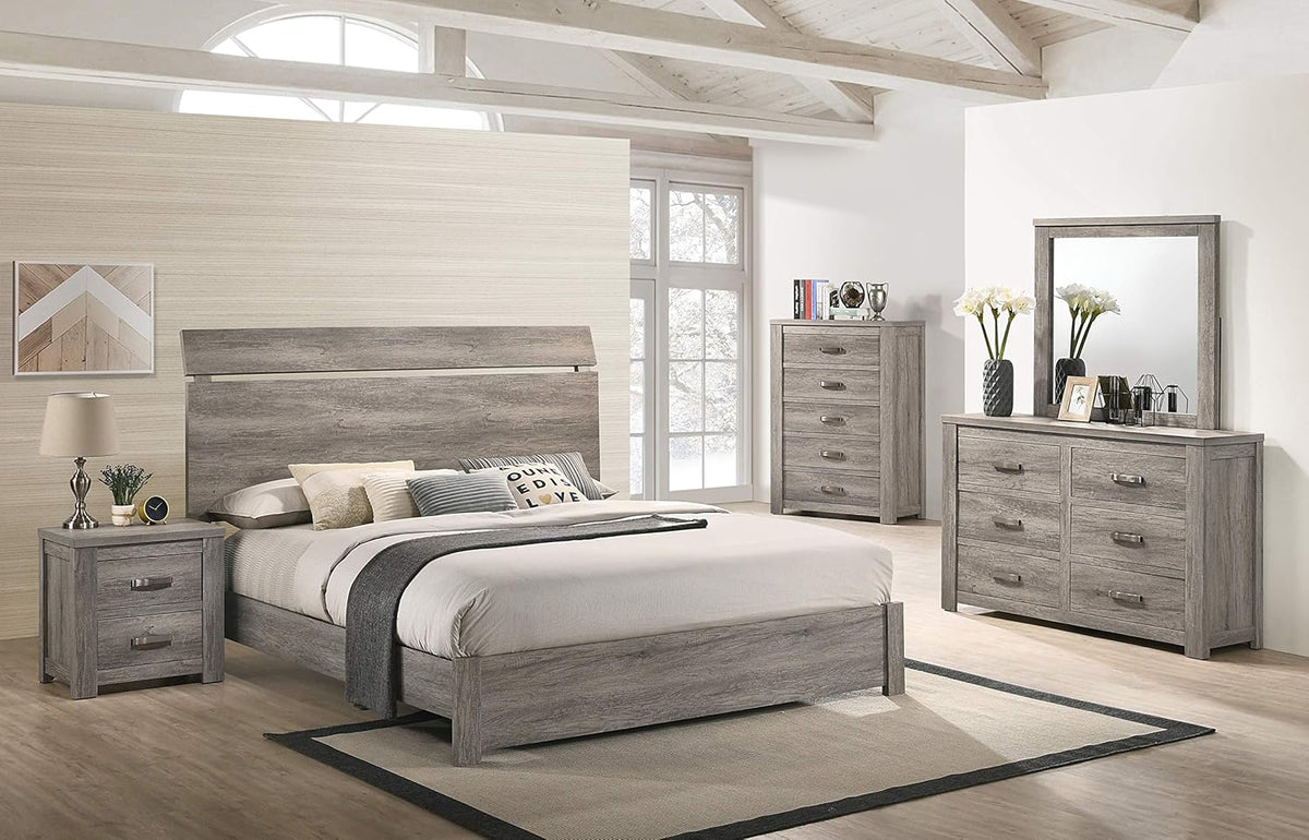 Weathered Gray Wood Queen Panel Bed, Dresser, Mirror, Nightstand, Chest M2510
