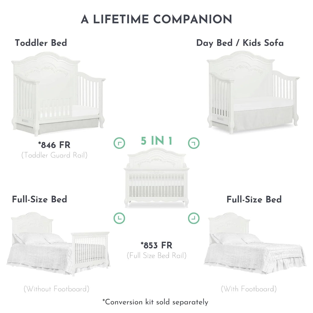 5-in-1 Convertible Crib in Frost, Greenguard Gold Certified, Wooden Baby Crib O129