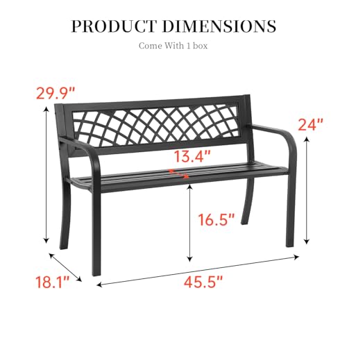 Iron Steel Frame Patio Bench with Mesh Pattern and Plastic Backrest Armrests, Black O36891