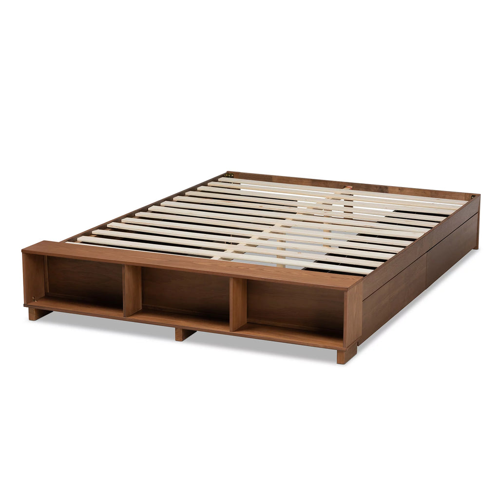 Ash Walnut Brown Wood Full Size Platform Bed with Built-In Shelves U5322