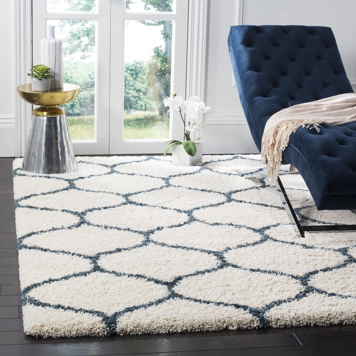 Ivory Slate Blue Geometric Shag Area Rug 7' x 7' Square T244