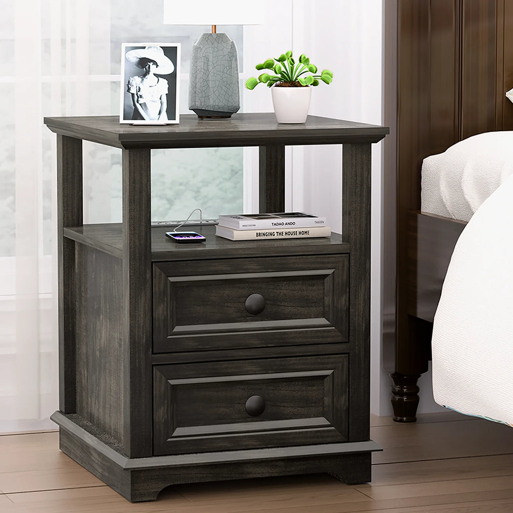 24” Tall End Table with USB C Charging Station, 2 Drawers, Black J8846