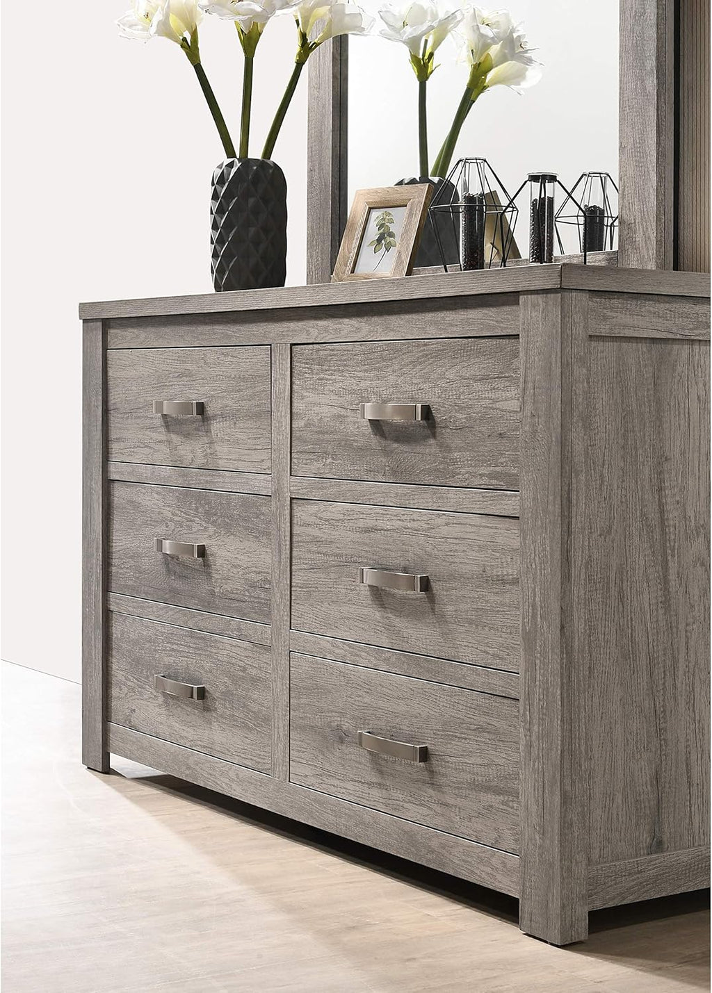 Weathered Gray Wood Queen Panel Bed, Dresser, Mirror, Nightstand, Chest M2510