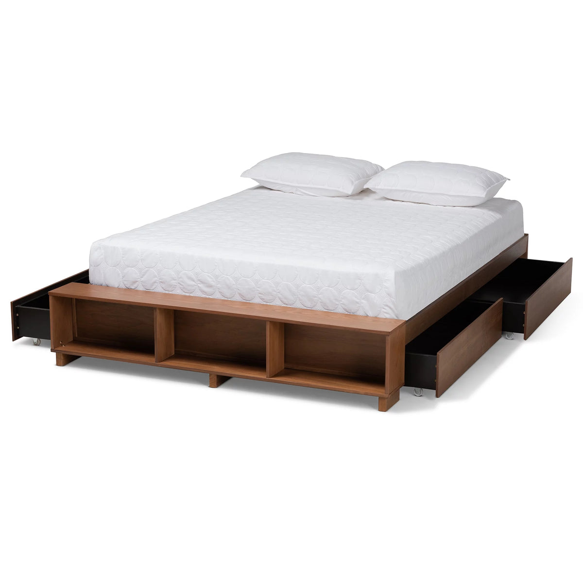 Ash Walnut Brown Wood Full Size Platform Bed with Built-In Shelves U5322