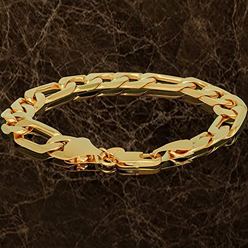 11mm Beveled Figaro Chain Bracelet 24k Real Gold Plated T530152