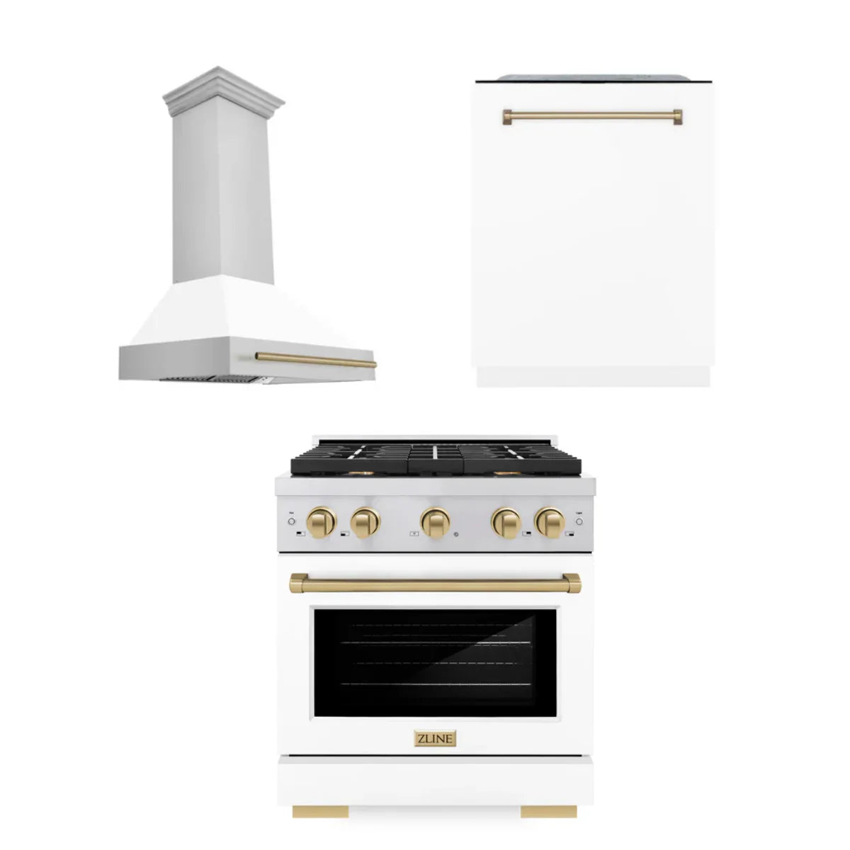 30 In. Gas Range, Range Hood, Dishwasher in White U5033