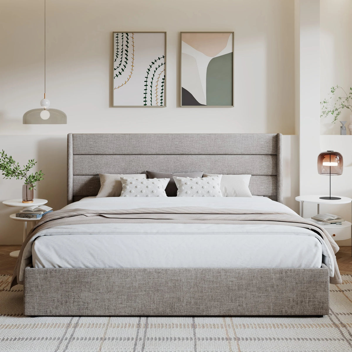 King Size Upholstered Storage Platform Bed Frame with Wingback Headboard T694866