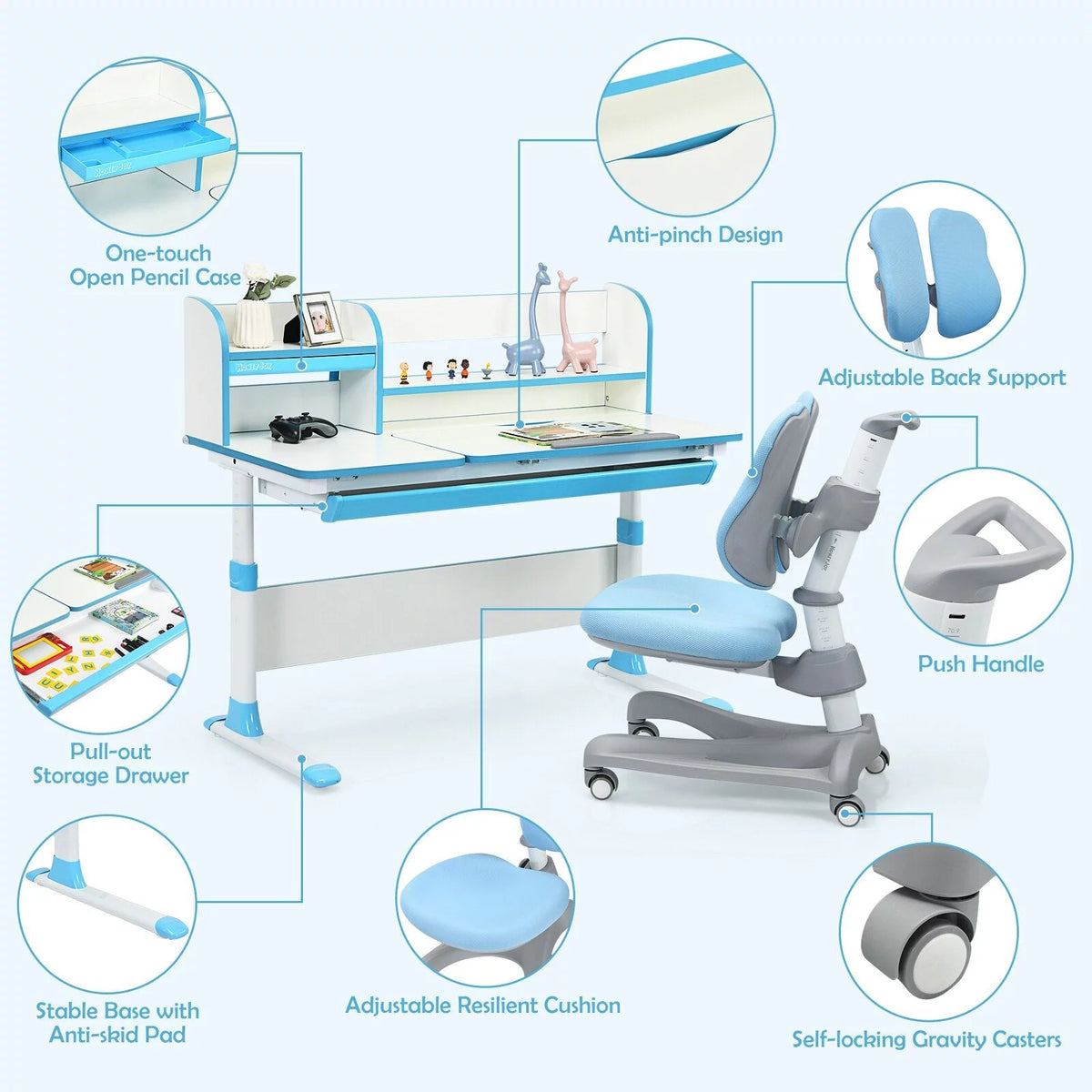 Blue Adjustable Kids Study Desk and Chair Set H9004