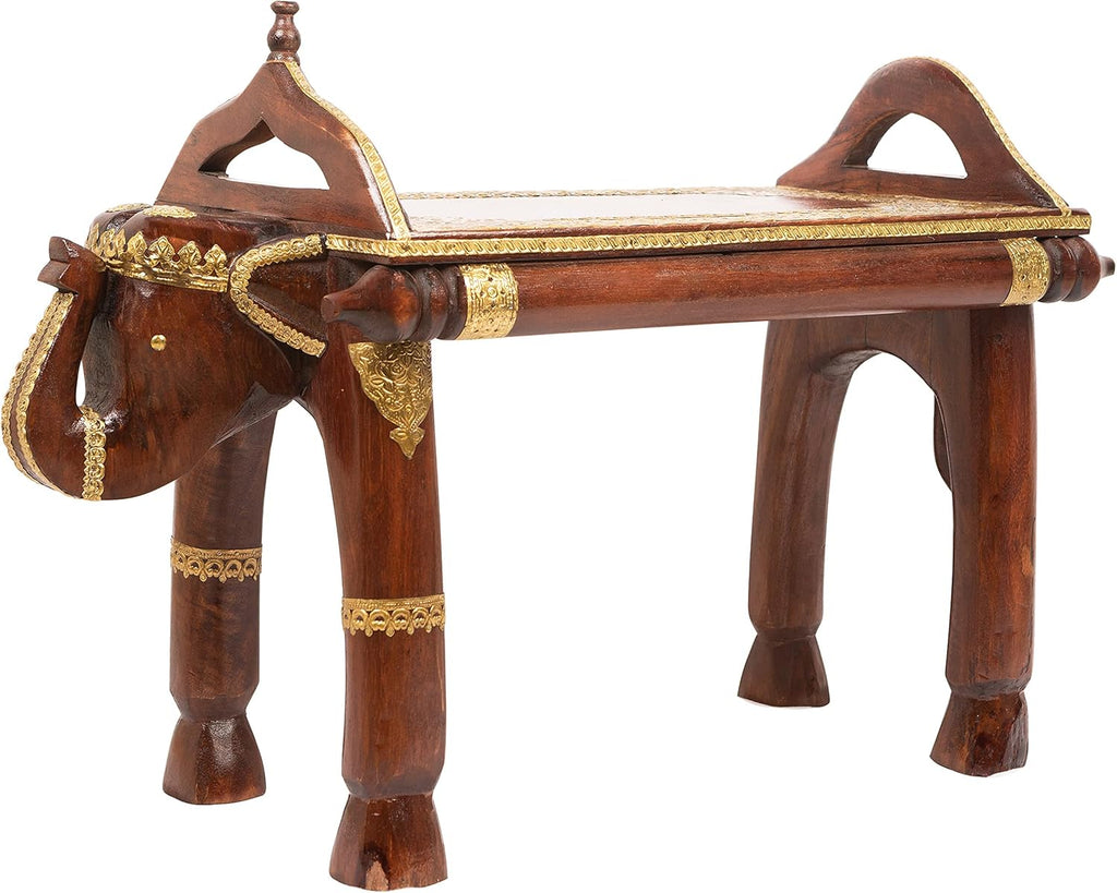 Hand Carved Wooden Coffee Table with Brass Column Accents O72787