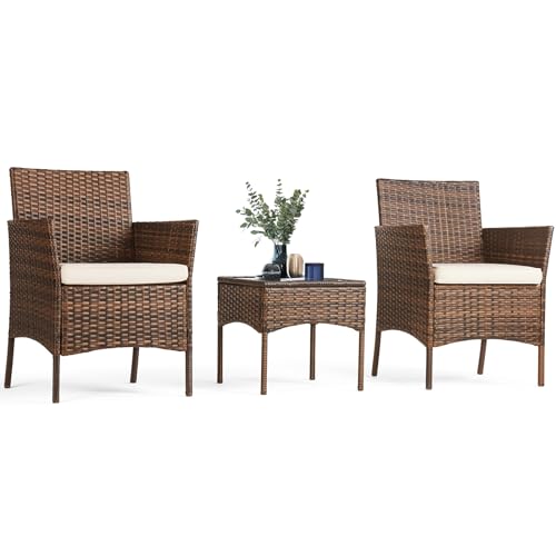 3 Pieces Wicker Rattan Patio Furniture Set with Cushion and Glass Table C2733