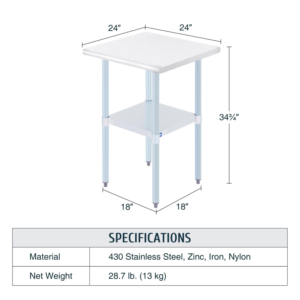 Stainless Steel Prep Table with Adjustable Shelf 24x24 Inch A646