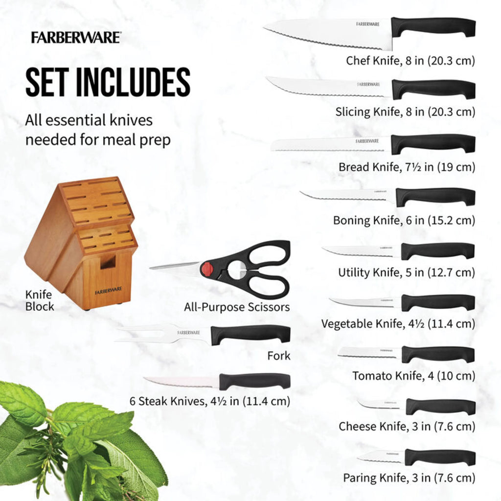 18 Piece Stainless Steel Knife Set with Block Natural Wood Q515