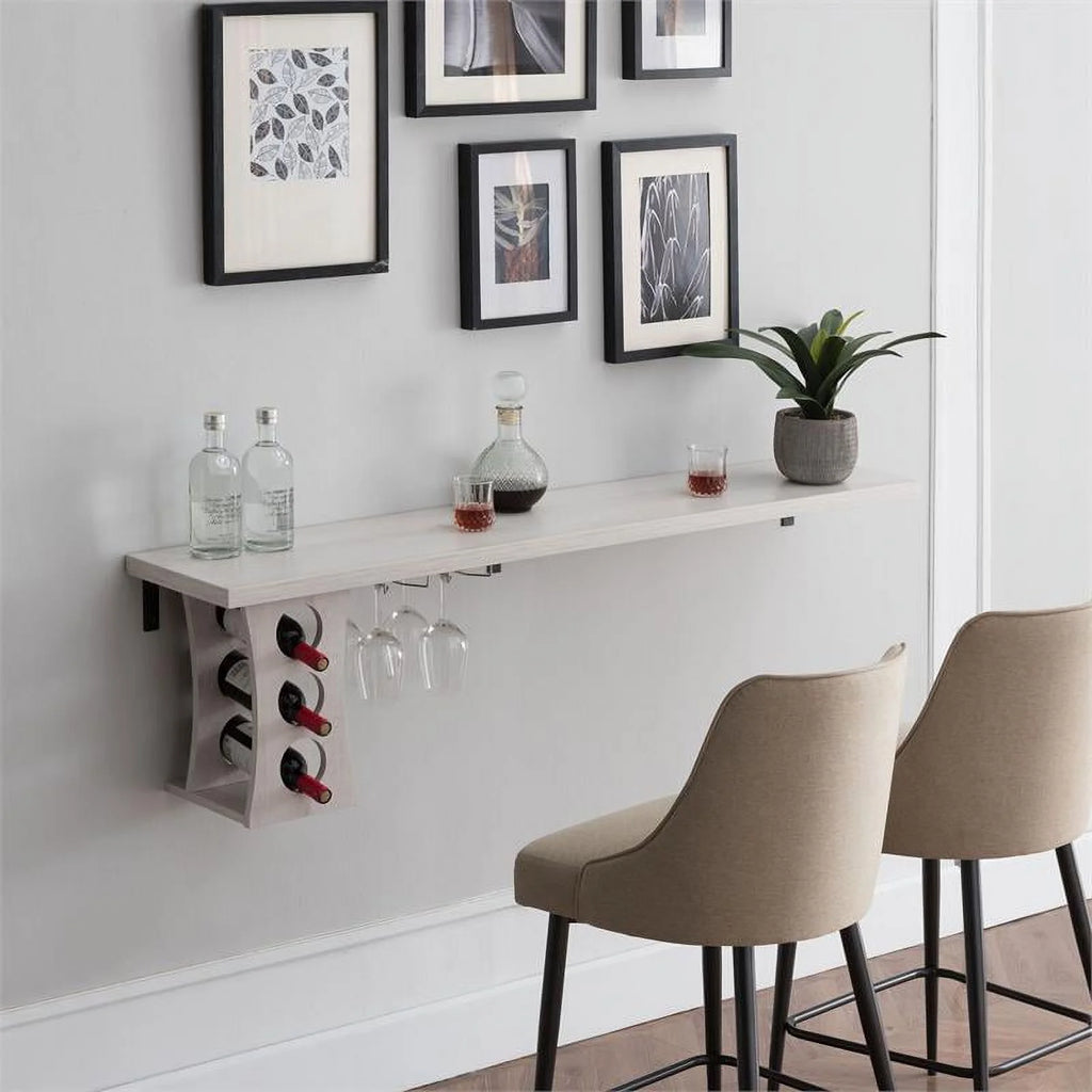 White Oak Wood Floating Bar Table with Wine Rack U10426