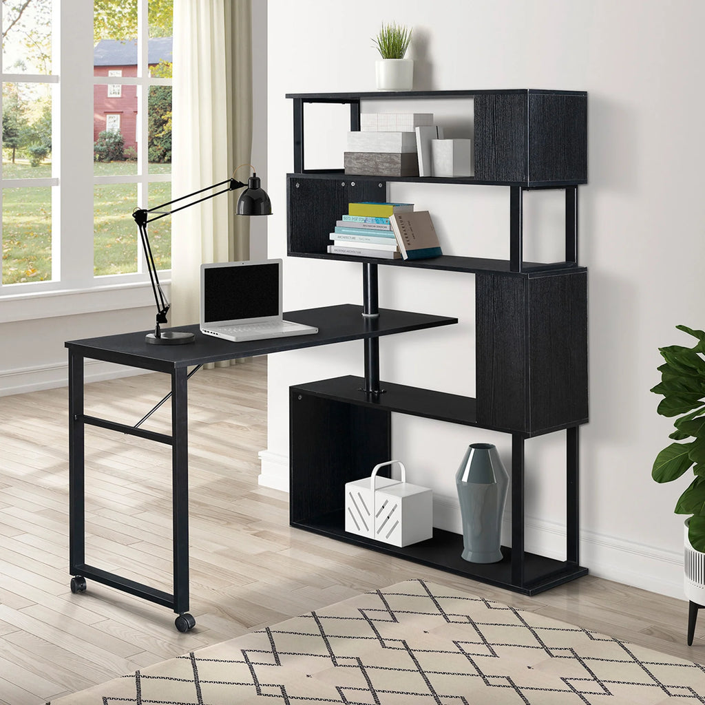 L-Shaped Corner Computer Desk with 5-Tier Bookshelf M3369