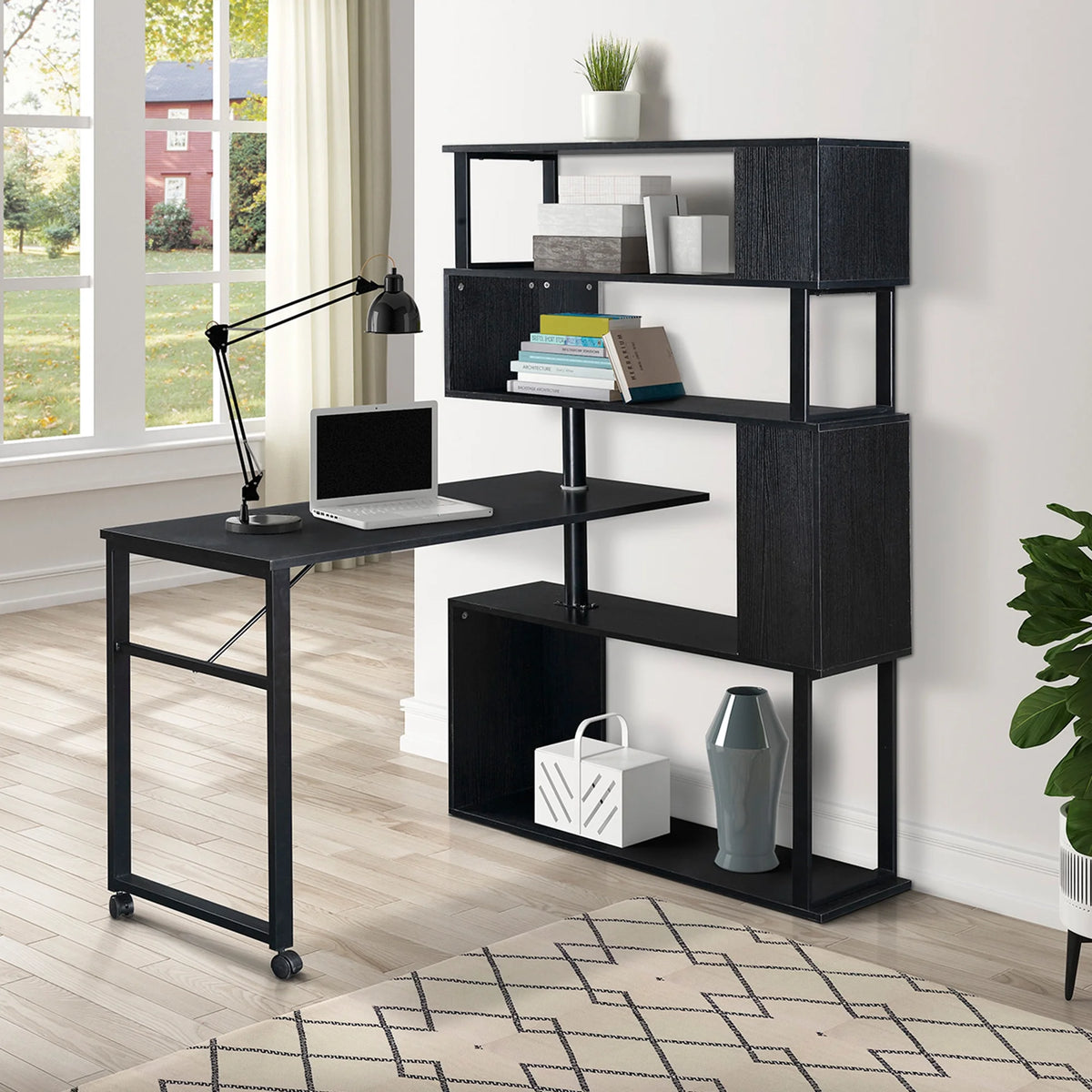 L-Shaped Corner Computer Desk with 5-Tier Bookshelf M3369