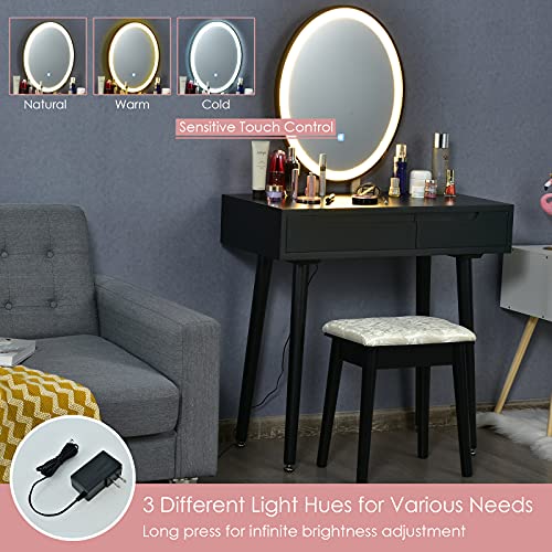 White Vanity Set with Touch Mirror, Cushioned Stool, 2 Sliding Drawers S184521