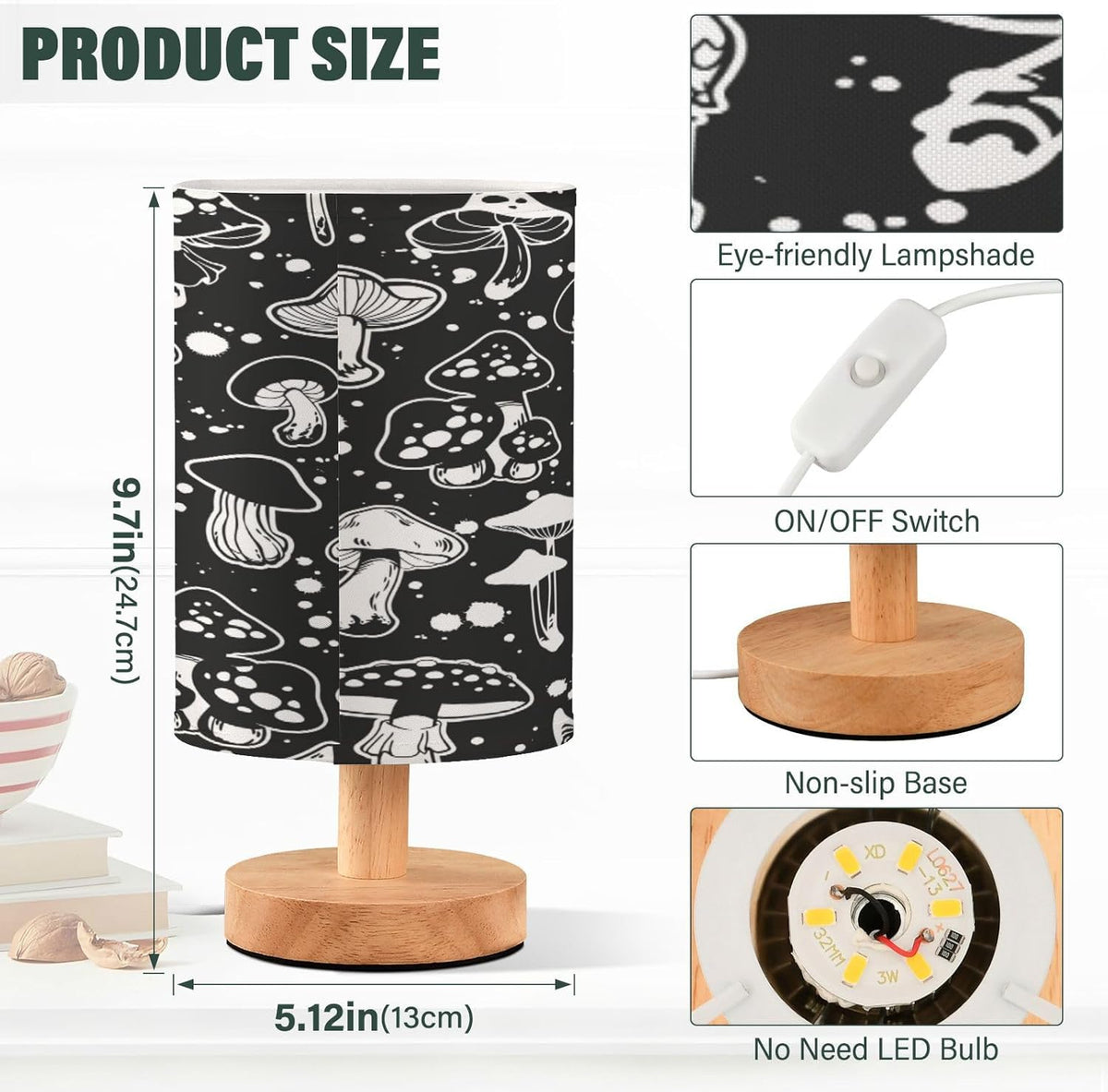 Black White Mushroom Bedside Table Lamp with USB Port Wood Base Round Flaxen Fabric Shade O3992