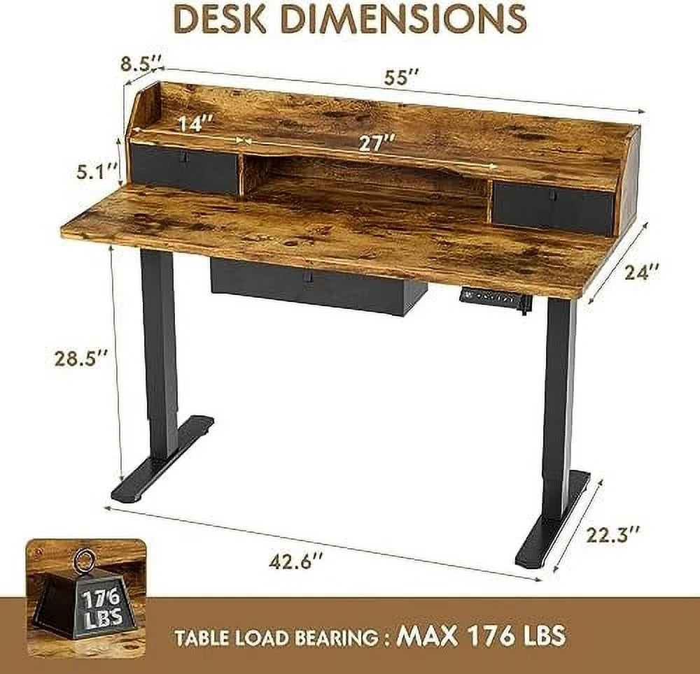 Electric Standing Desk with Triple Drawers 55 x 24 Inch Rustic Brown Z4676