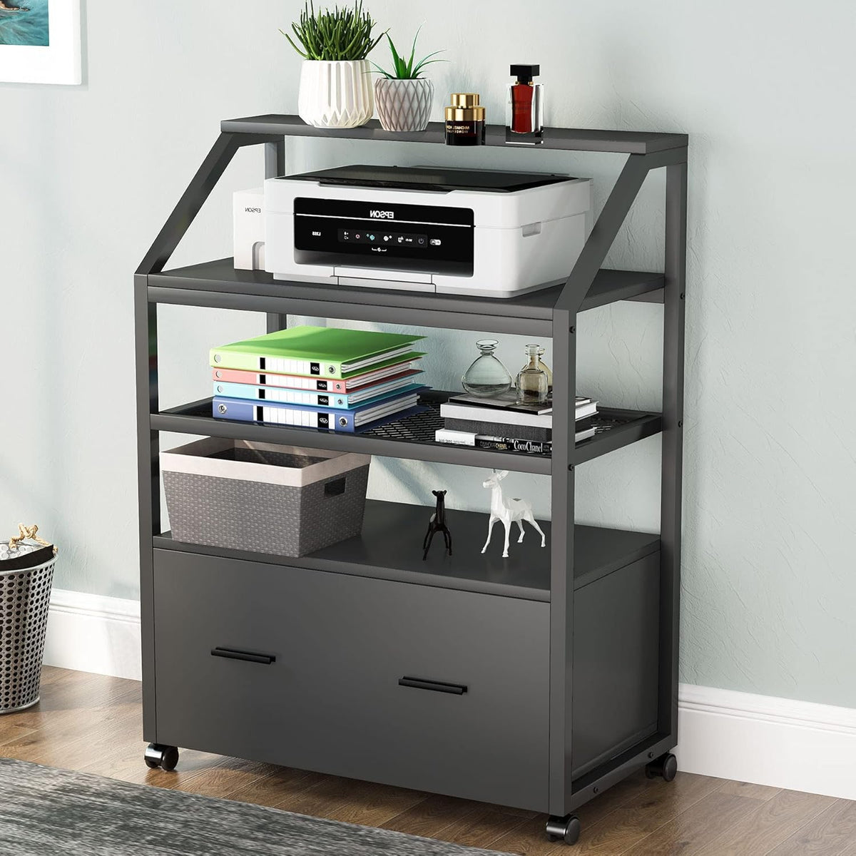 Wood Mobile Filing Cabinet with Storage Shelves Y694