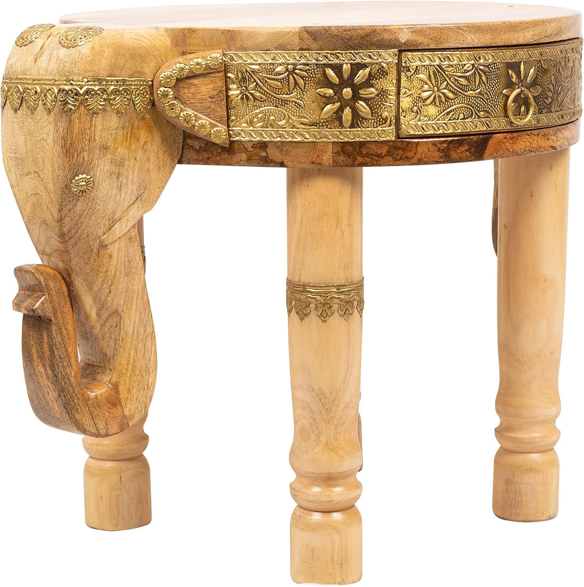 Hand Carved Wooden Coffee Table with Brass Column Accents O72787