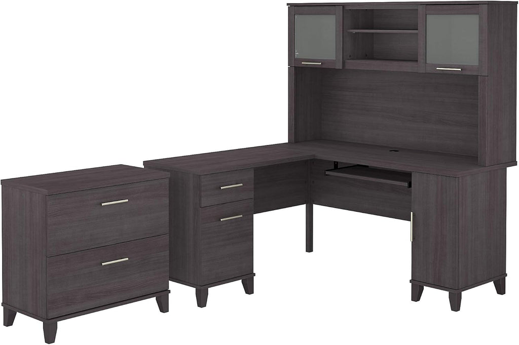 L Shaped Desk with Hutch and Lateral File Cabinet U2143