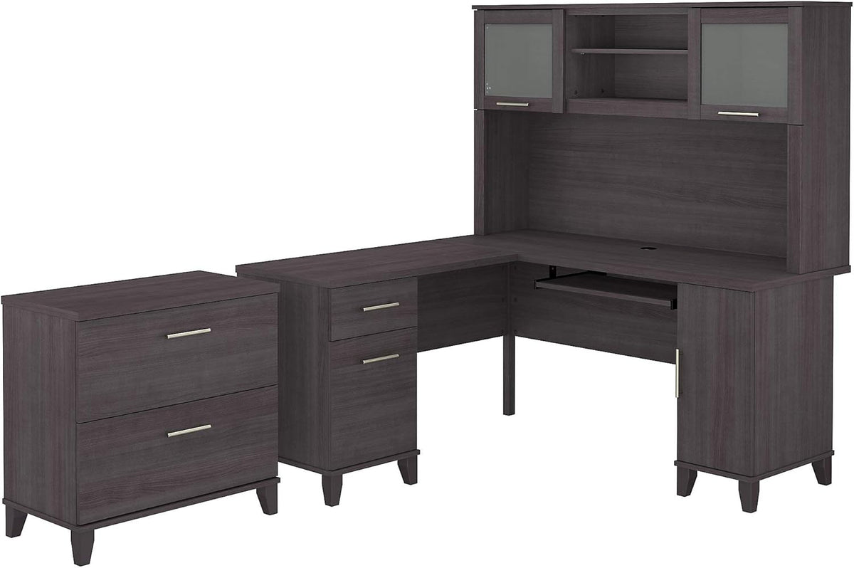 L Shaped Desk with Hutch and Lateral File Cabinet U2143