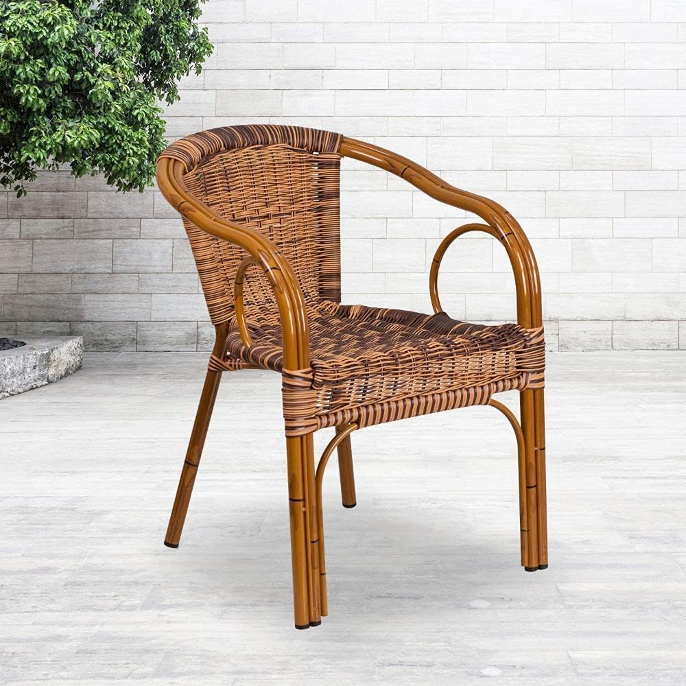 Dark Red Bamboo-Aluminum Indoor-Outdoor Restaurant-Patio Chair with Brown Rattan U457435