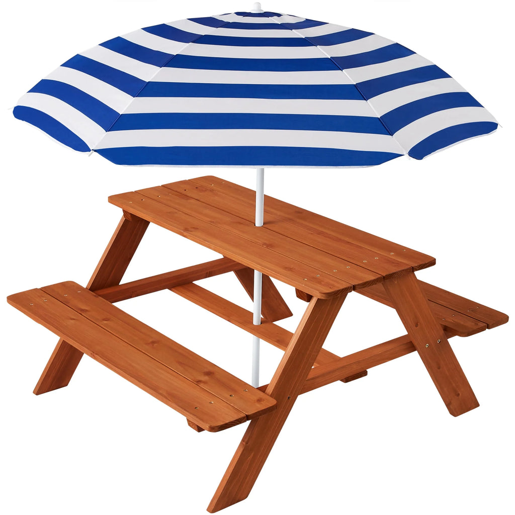 Kids Wooden Picnic Table with Adjustable Umbrella and Built-In Seats L289392