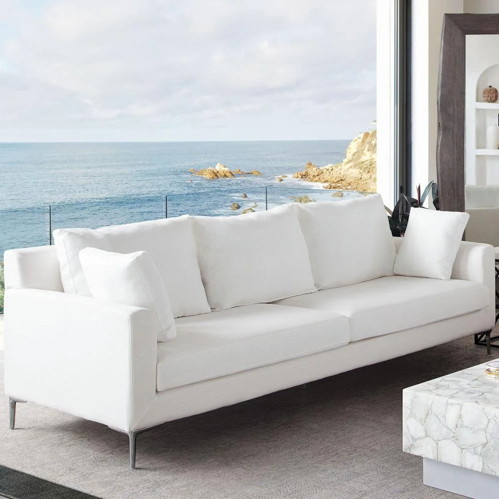 White Linen Sofa with Polished Silver Metal Leg T958