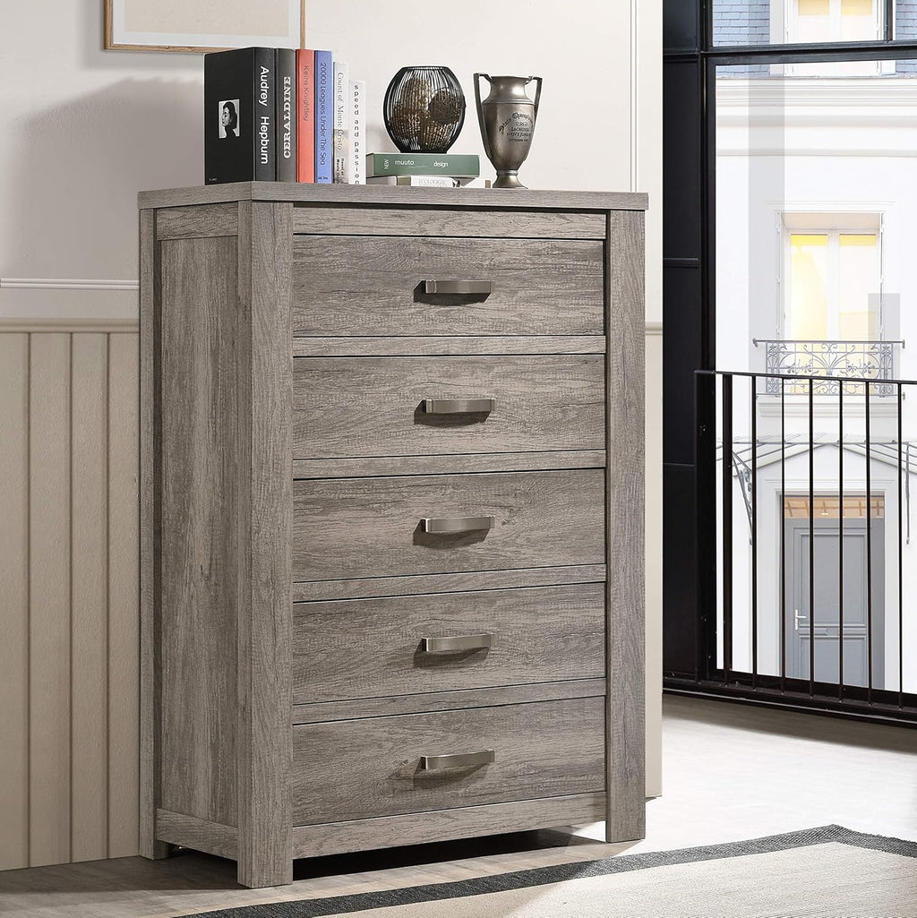 Weathered Gray Wood Queen Panel Bed, Dresser, Mirror, Nightstand, Chest M2510
