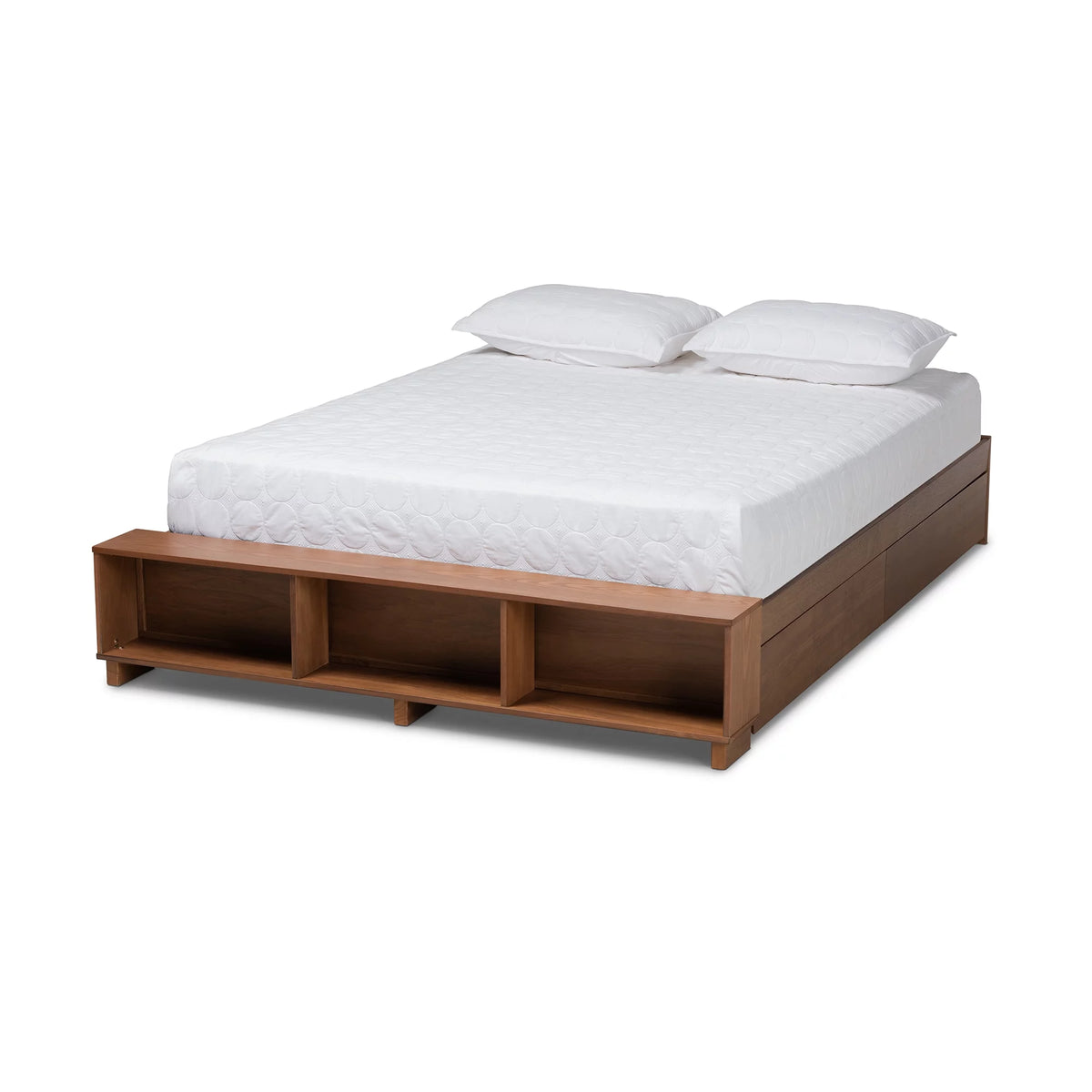 Ash Walnut Brown Wood Full Size Platform Bed with Built-In Shelves U5322
