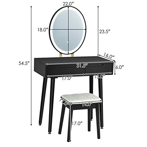 White Vanity Set with Touch Mirror, Cushioned Stool, 2 Sliding Drawers S184521