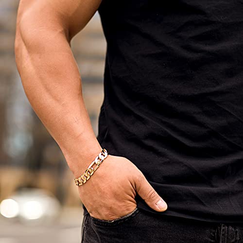 11mm Beveled Figaro Chain Bracelet 24k Real Gold Plated T530152