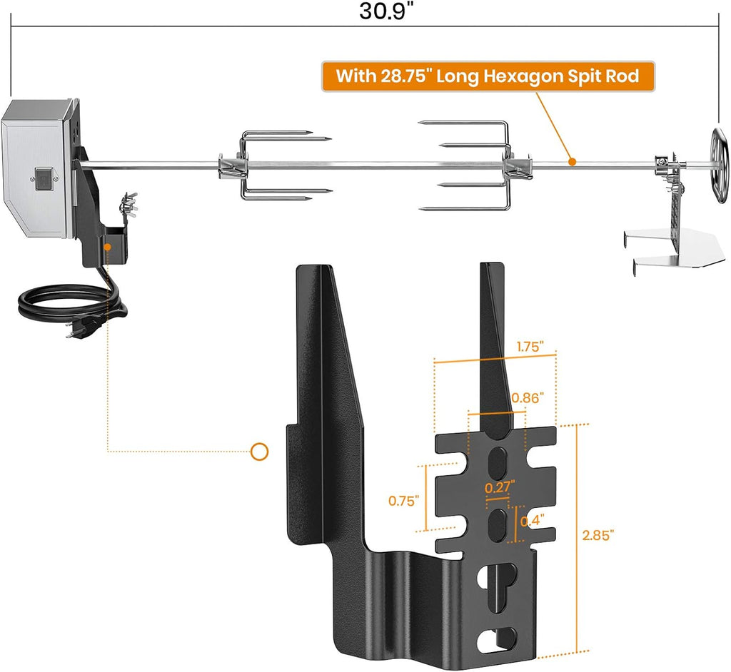 Stainless Steel Rotisserie Kit with 6 Watt 110V Electric Motor for Gas Grills, 28 × 0.35 Inch Hexagon Spit Rod Pack of 2 R8485