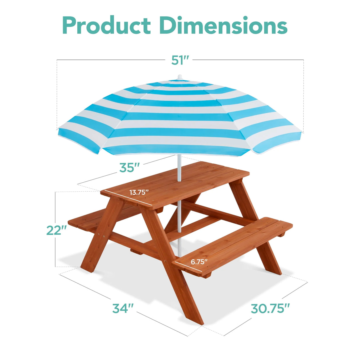 Kids Wooden Picnic Table with Adjustable Umbrella and Built-In Seats L289392