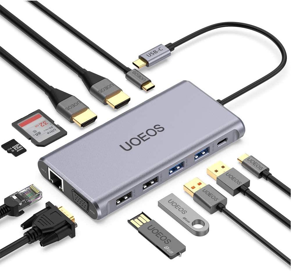 USB C Docking Station, Dual HDMI Triple Display 1080P VGA, 100W PD, Ethernet, Card Reader Y2615