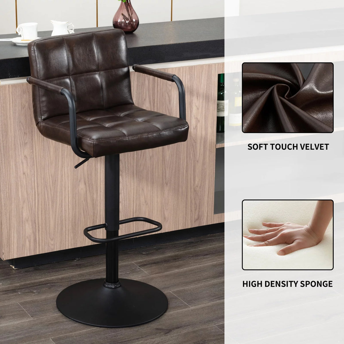 Faux Leather Swivel Bar Stools Set of 2 Adjustable Height R5752