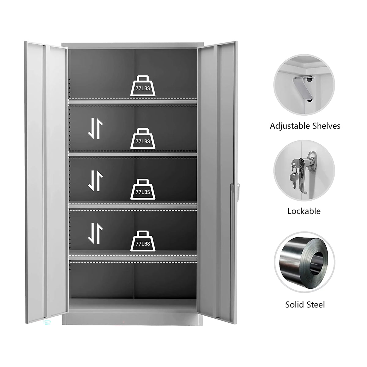 72 Inch Locking Storage Cabinet with Adjustable Shelves, Gray F270