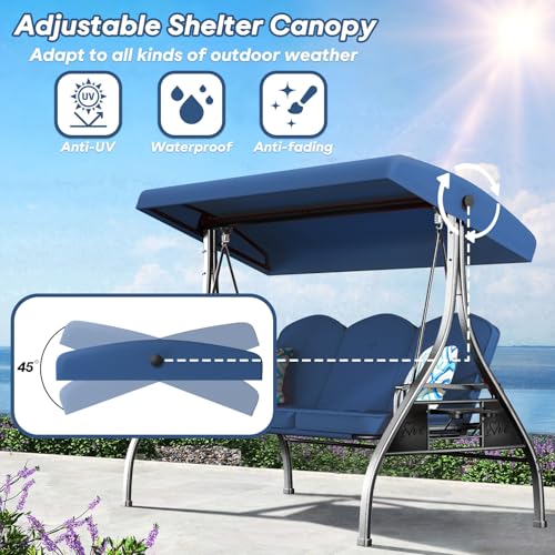 3 Seat Outdoor Patio Swing with Stand Adjustable Canopy Wine Red H862524