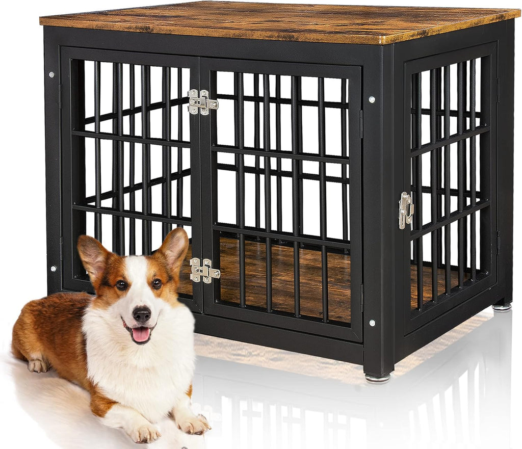 Rustic Brown and Black Wood Dog Crate with Double Doors Z4890