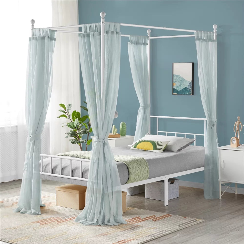 White Twin Metal Canopy Bed Frame with Headboard and Footboard L7584