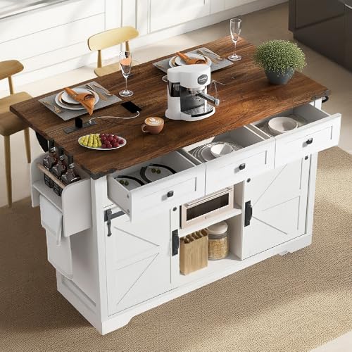 White Farmhouse Kitchen Island with Power Outlet, 2 Sliding Barn Door Storage, Drop Leaf, 3 Drawers, Rolling Cart on Wheels V55032
