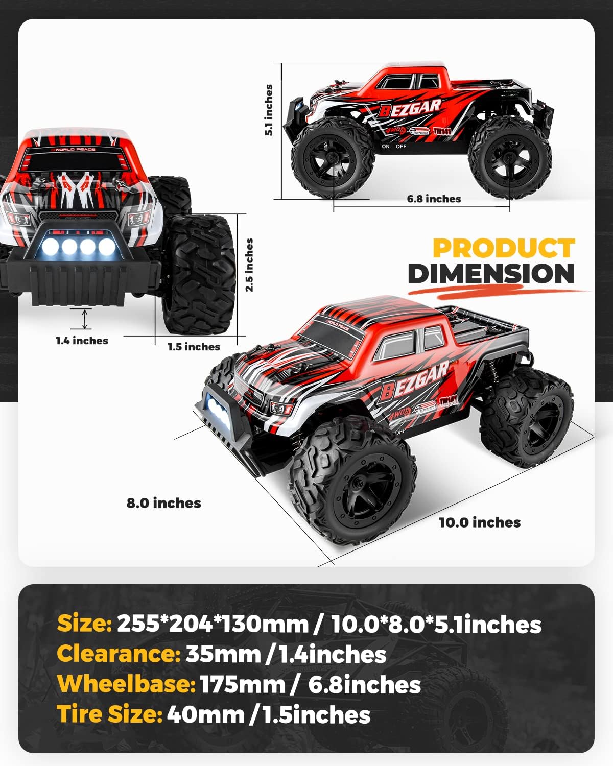 1:14 Scale Remote Control Car, 4WD Electric Toy Off Road RC Monster Truck with Two Rechargeable Batteries E488
