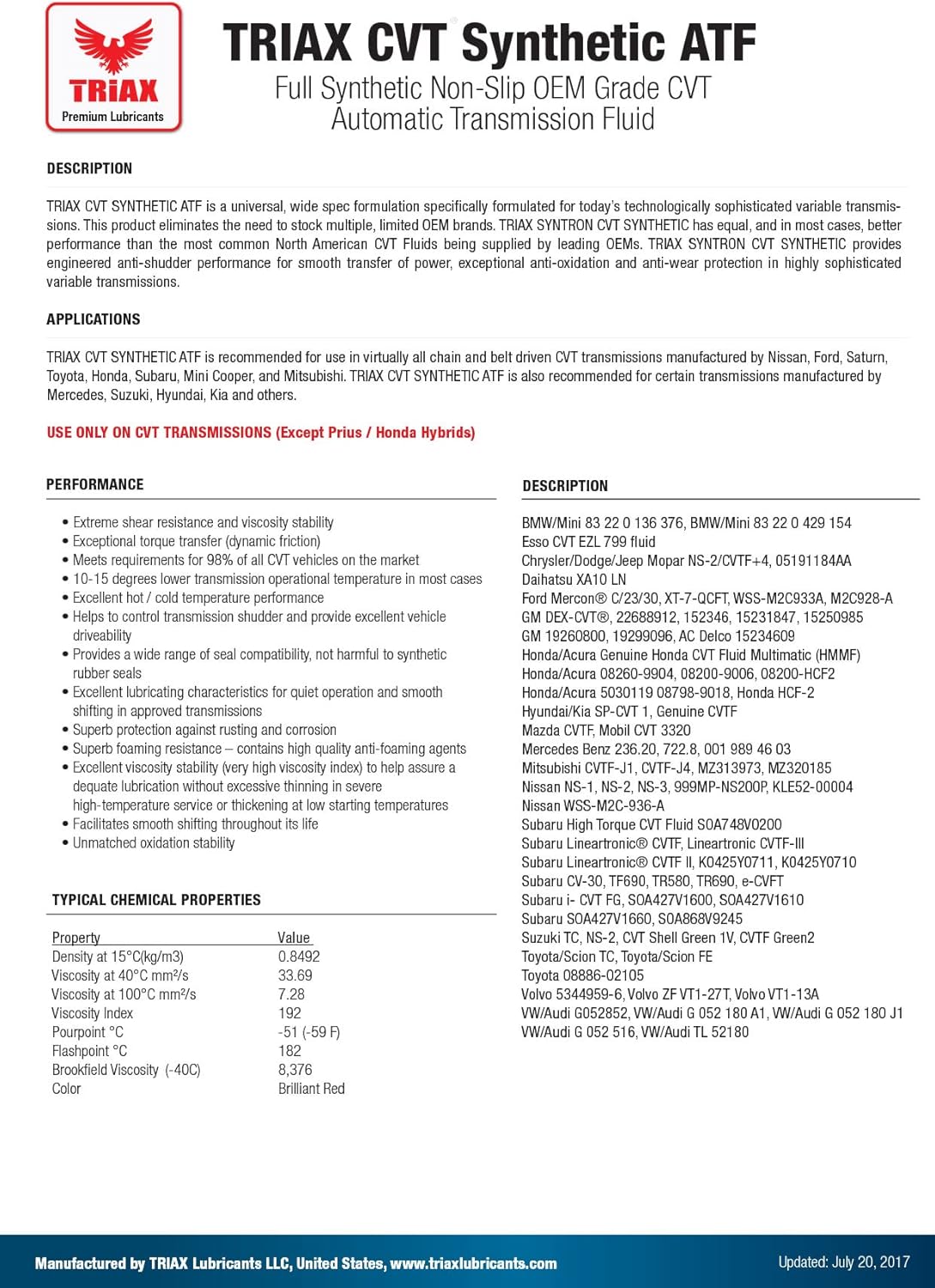 12 Quart Full Synthetic Transmission Fluid J7485