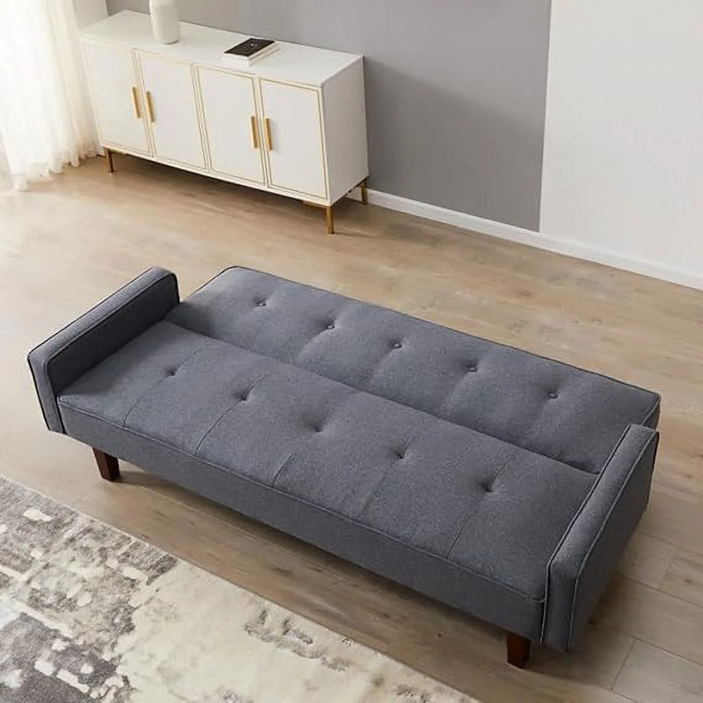 Dark Grey 3-Seat Linen Sofa Bed with 4 Solid Wood Legs V16769