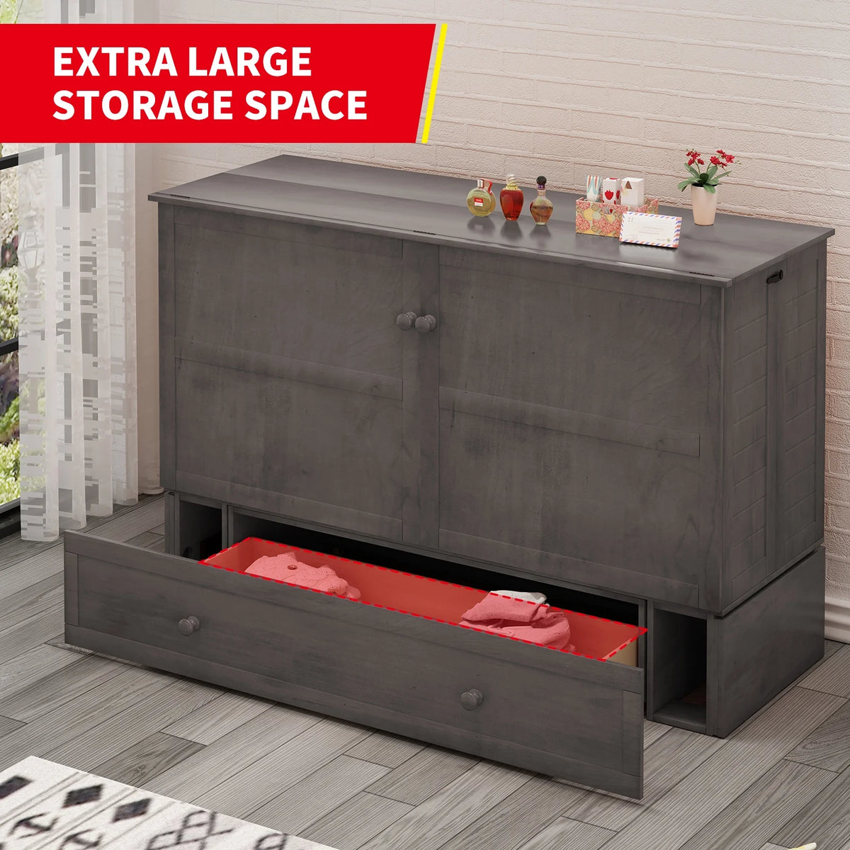 Queen Size Murphy Bed Chest with Foam Mattress X630348