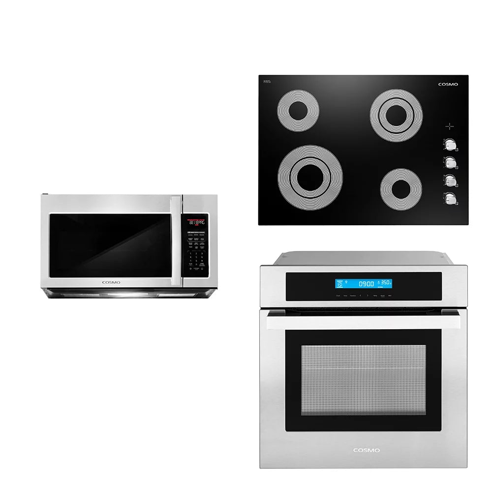 3 Piece Kitchen Appliance Package with Electric Cooktop Microwave and Wall Oven J429