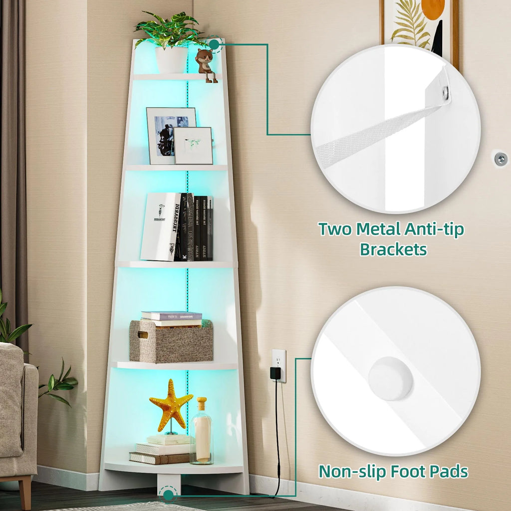 White 5 Tier Corner Shelf with Led Light C924607